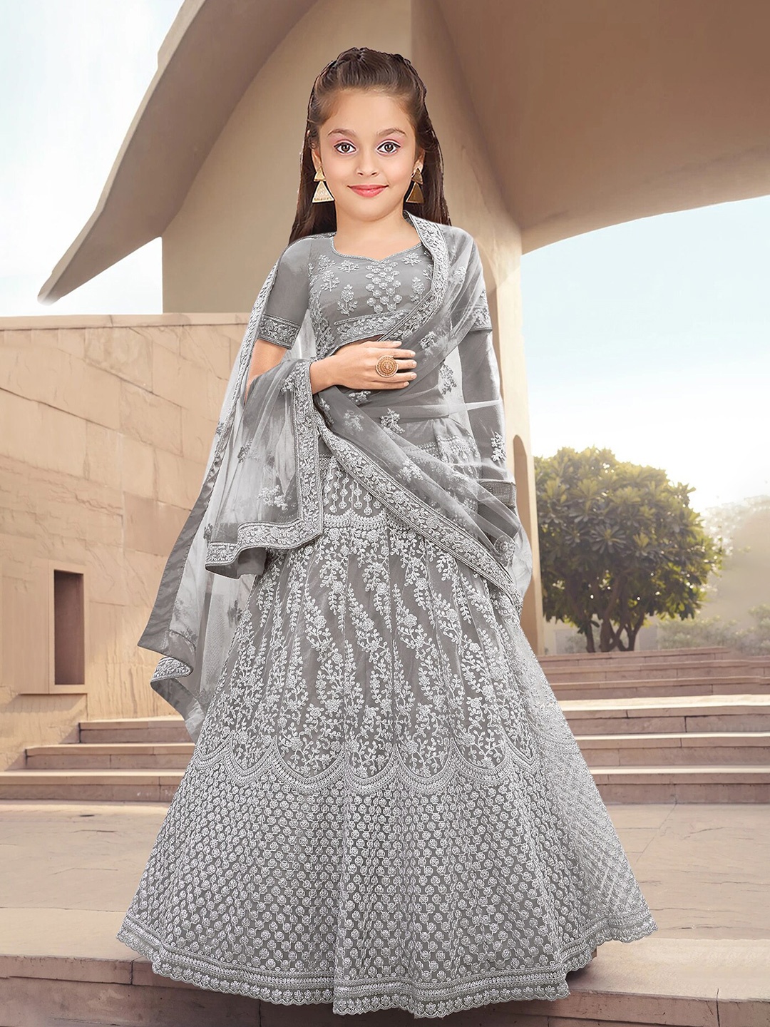 

Kedar Fab Girls Embroidered Thread Work Semi-Stitched Lehenga Set, Grey