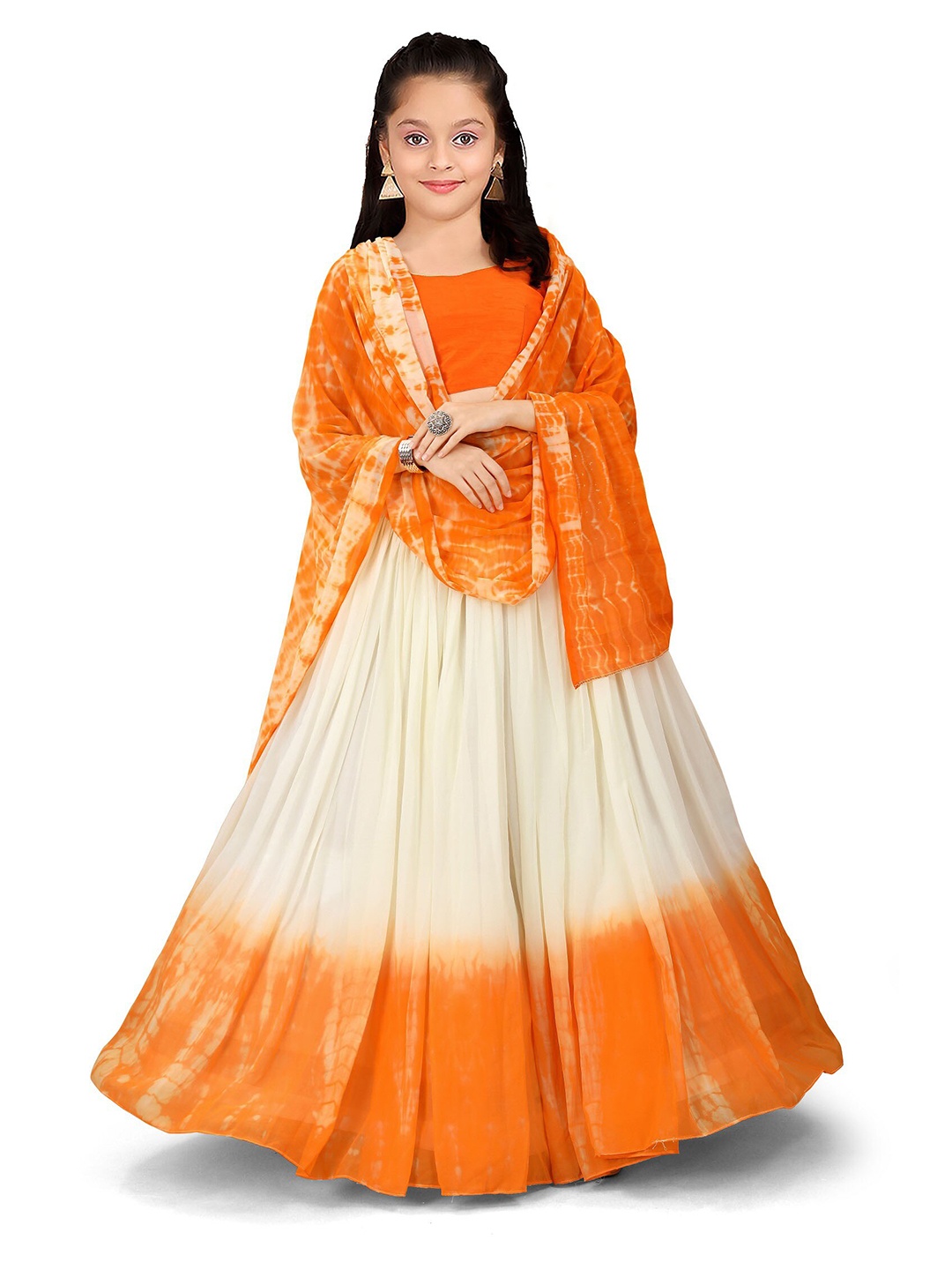 

Kedar Fab Girls Embroidered Thread Work Semi-Stitched Lehenga Set, Orange