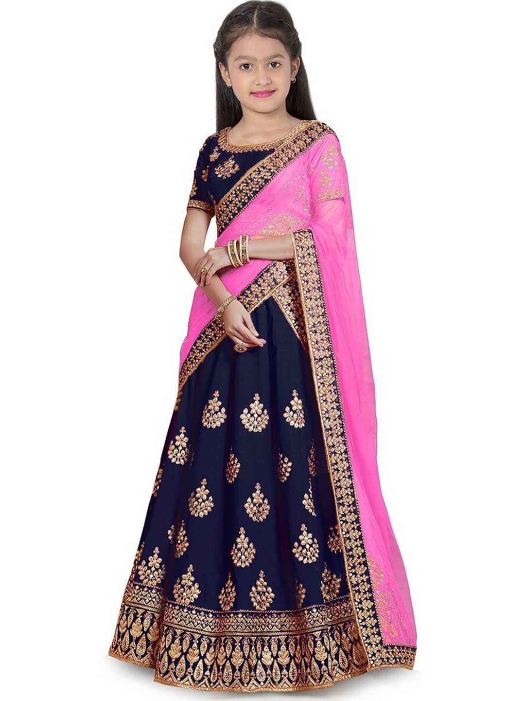 

Kedar Fab Girls Embroidered Silk Semi-Stitched Lehenga & Unstitched Blouse With Dupatta, Blue