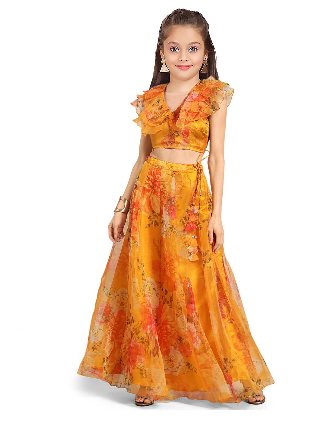 

Kedar Fab Girls Printed Semi-Stitched Lehenga & Unstitched Blouse With Dupatta, Yellow