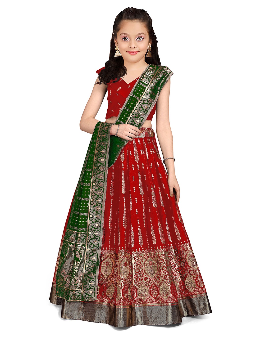 

Kedar Fab Girls Silk Semi-Stitched Lehenga & Unstitched Blouse With Dupatta, Red