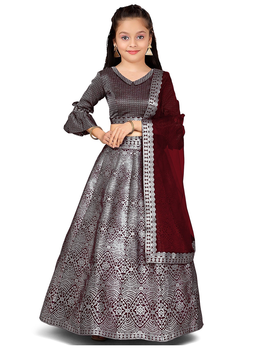 

Kedar Fab Girls Silk Semi-Stitched Lehenga & Unstitched Blouse With Dupatta, Maroon