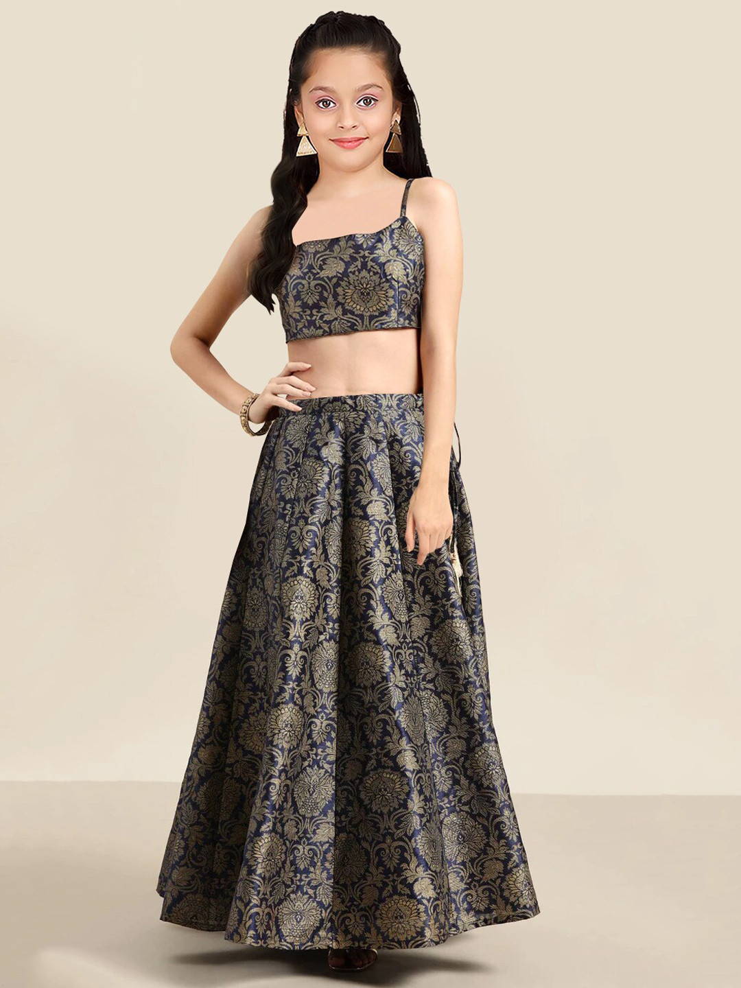 

Kedar Fab Girls jacquard Silk Semi-Stitched Lehenga With Unstitched Blouse, Navy blue