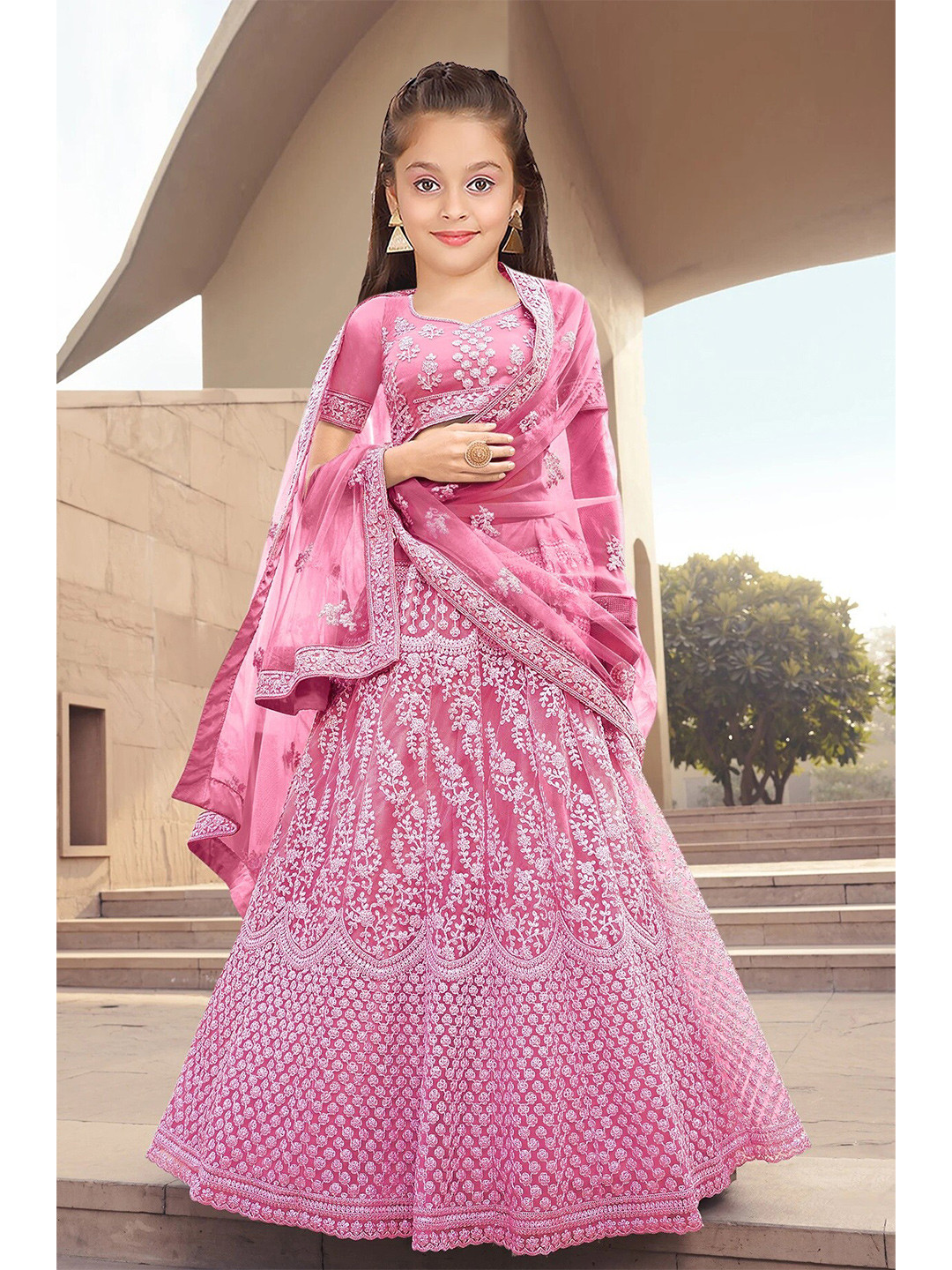 

Kedar Fab Girls Embroidered Thread Work Semi-Stitched Lehenga & Unstitched Blouse With, Pink