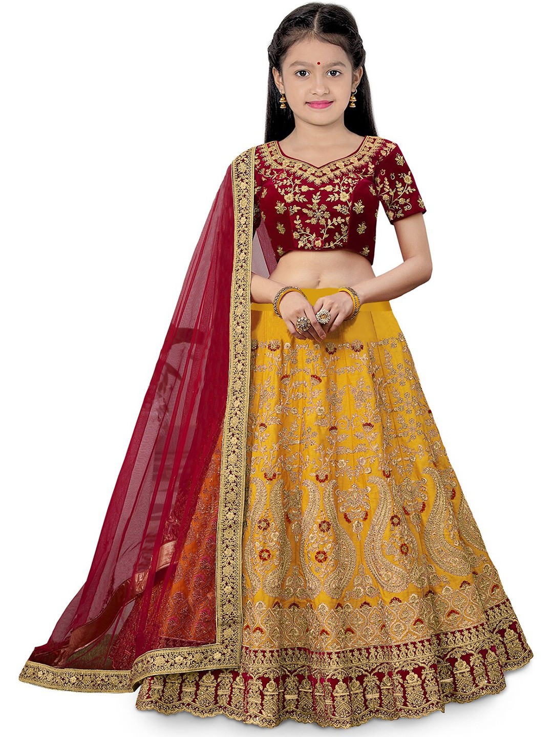 

Kedar Fab Girls Embroidered Semi-Stitched Lehenga & Unstitched Blouse With Dupatta, Yellow