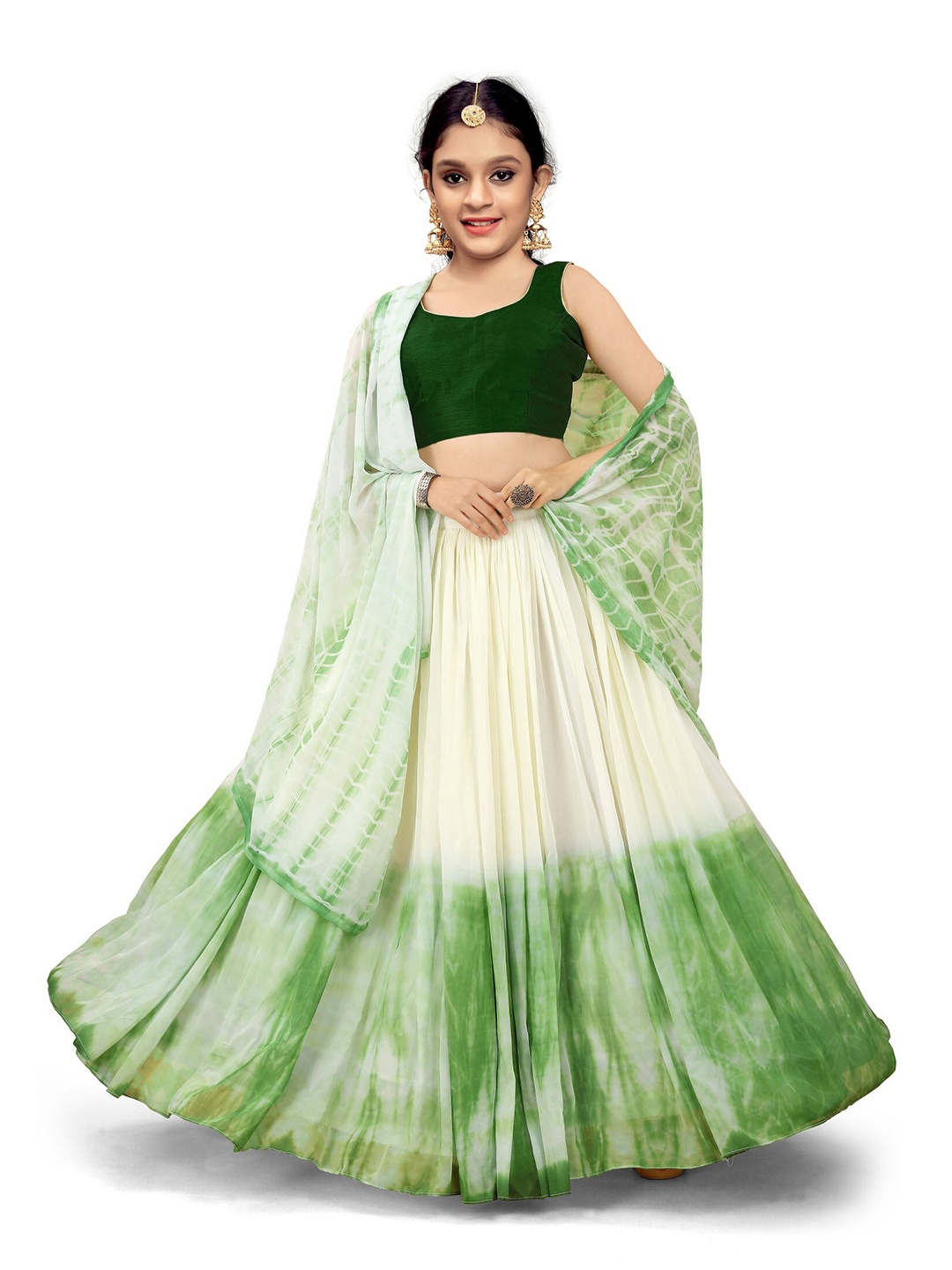 

Kedar Fab Girls Printed Semi-Stitched Lehenga & Unstitched Blouse With Dupatta, Green