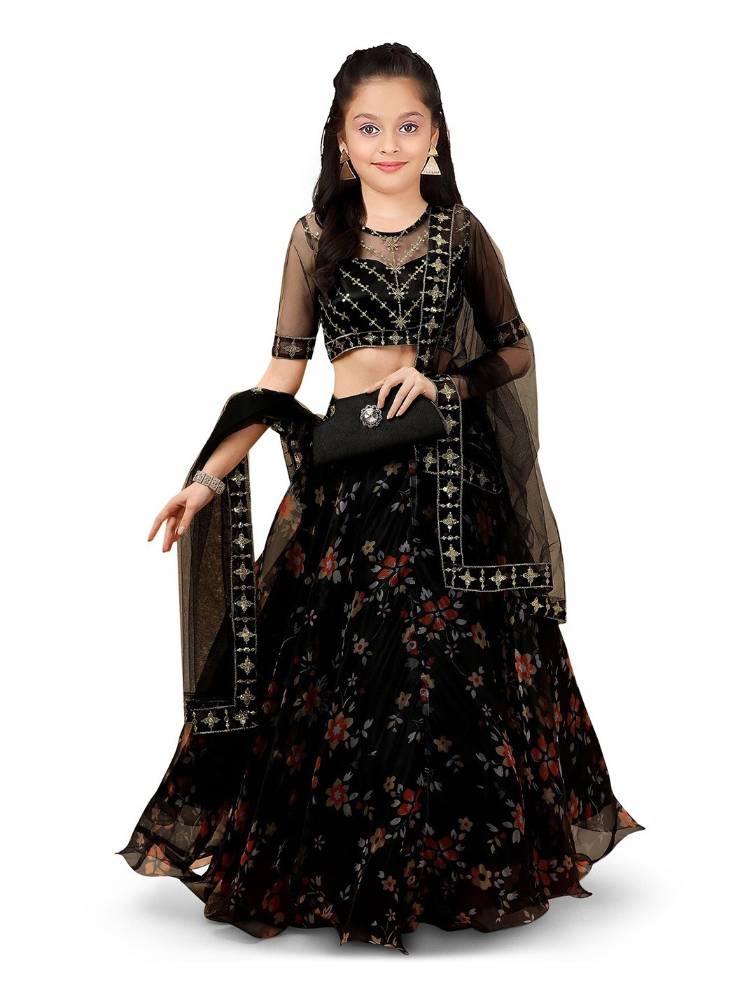 

Kedar Fab Girls Printed Zari Work Semi-Stitched Lehenga & Unstitched Blouse With Dupatta, Black