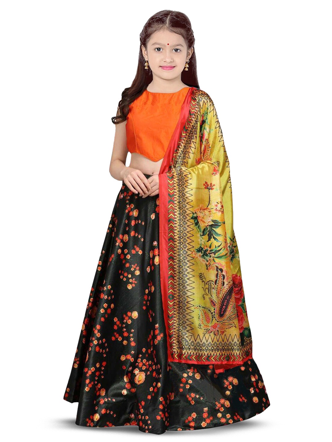 

Kedar Fab Girls Embroidered Thread Work Semi-Stitched Lehenga Set, Black