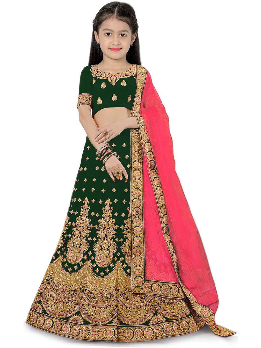 

Kedar Fab Girls Embroidered Semi-Stitched Lehenga & Unstitched Blouse With Dupatta, Green
