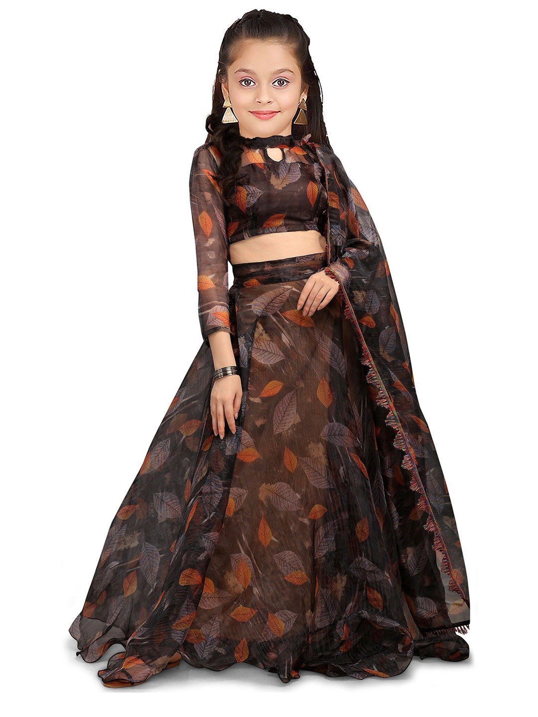 

Kedar Fab Girls Printed Semi-Stitched Lehenga & Unstitched Blouse With Dupatta, Brown