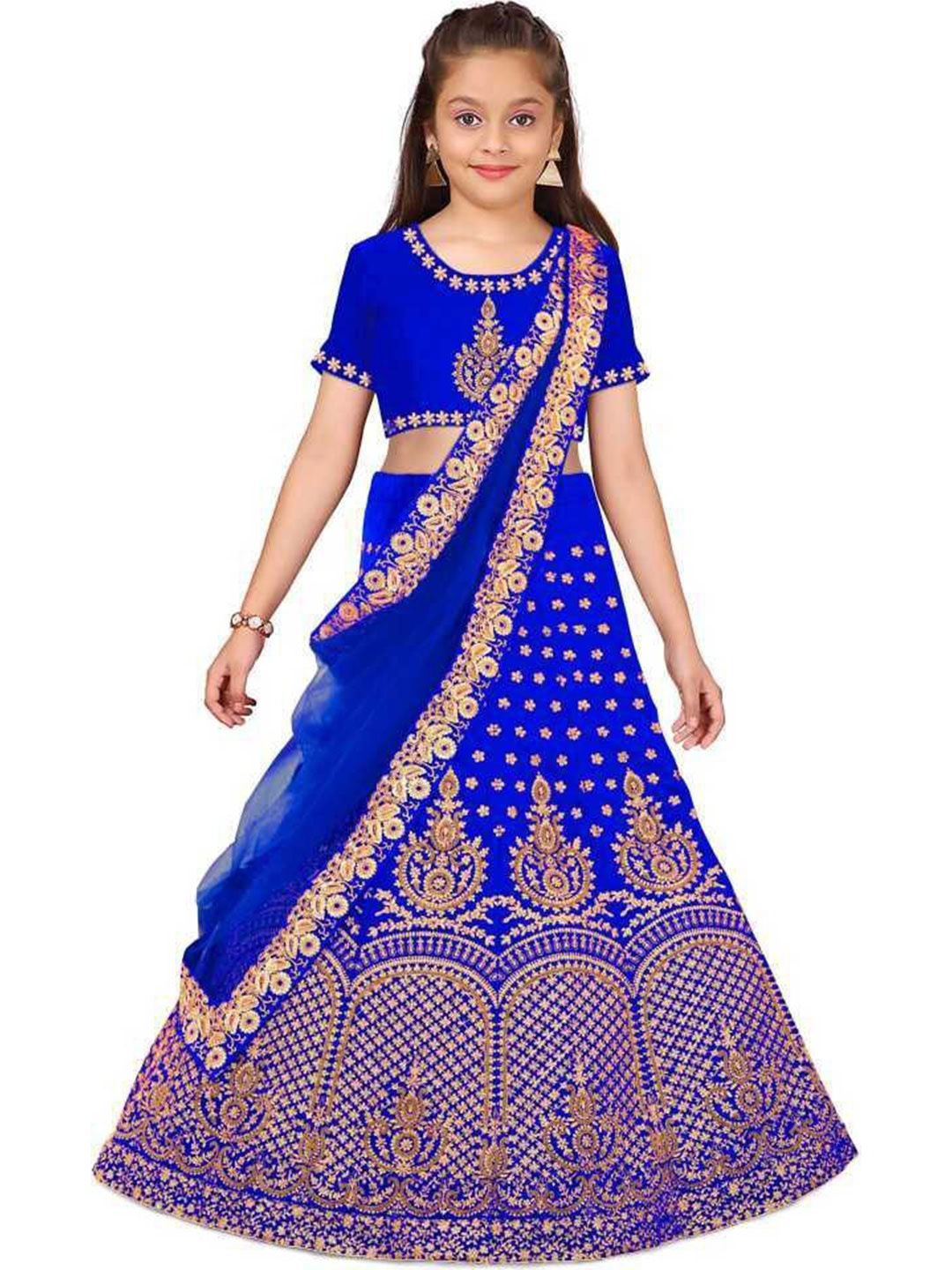 

Kedar Fab Girls Embroidered Thread Work Semi-Stitched Silk Lehenga Choli With Dupatta, Blue