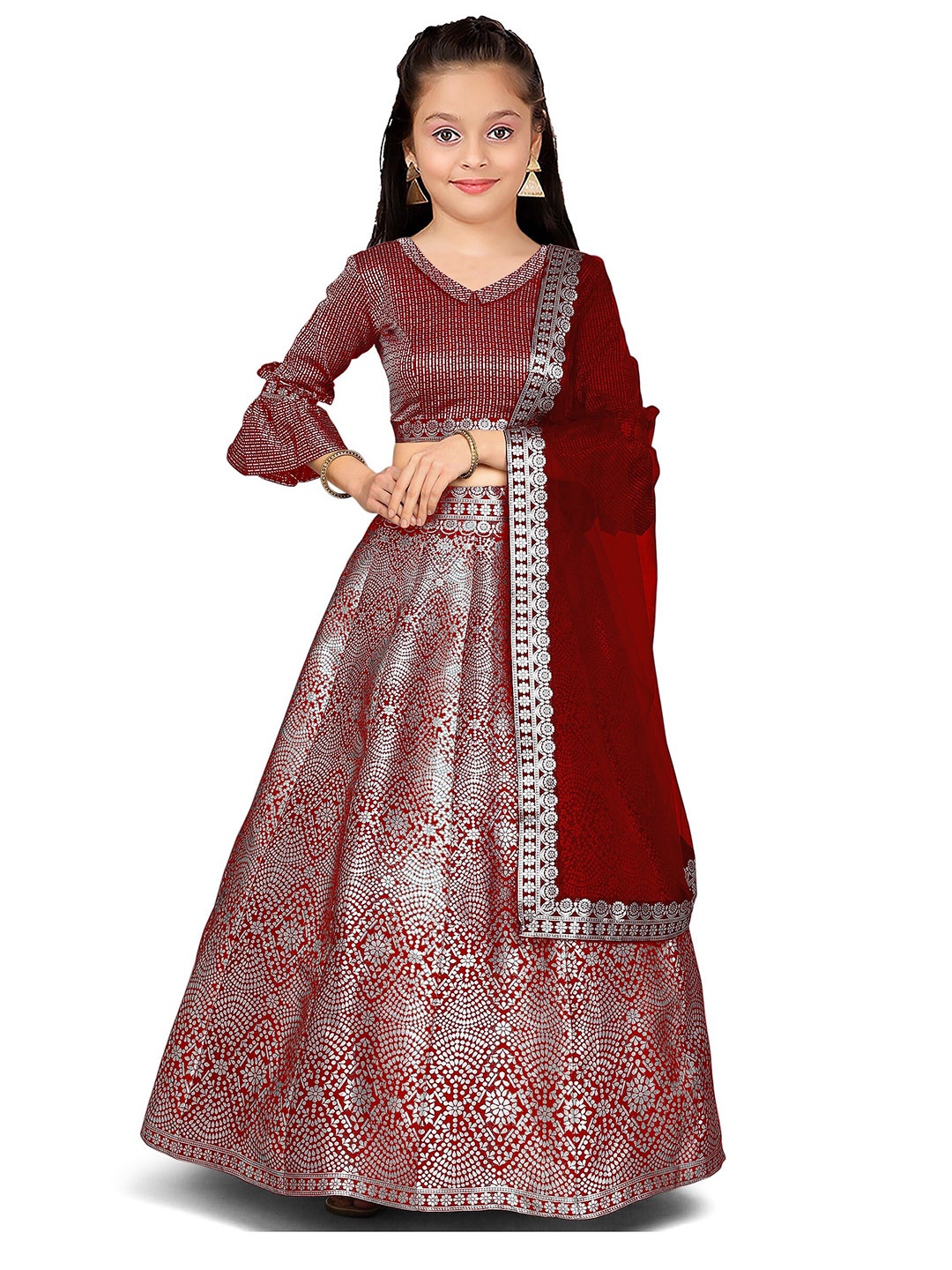 

Kedar Fab Girls Woven Design Semi-Stitched Silk Lehenga Choli With Dupatta, Red