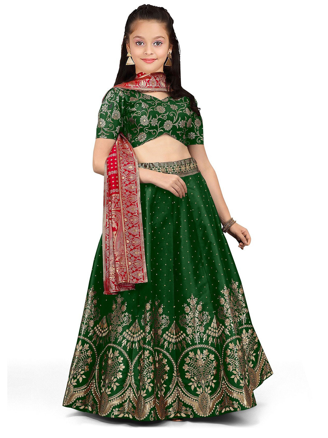 

Kedar Fab Girls Floral Woven Design Semi-Stitched Silk Lehenga Choli With Dupatta, Green
