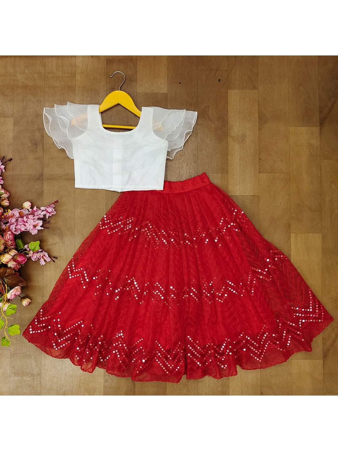 

Kedar Fab Girls Sequinned Semi-Stitched Lehenga & Unstitched, Red