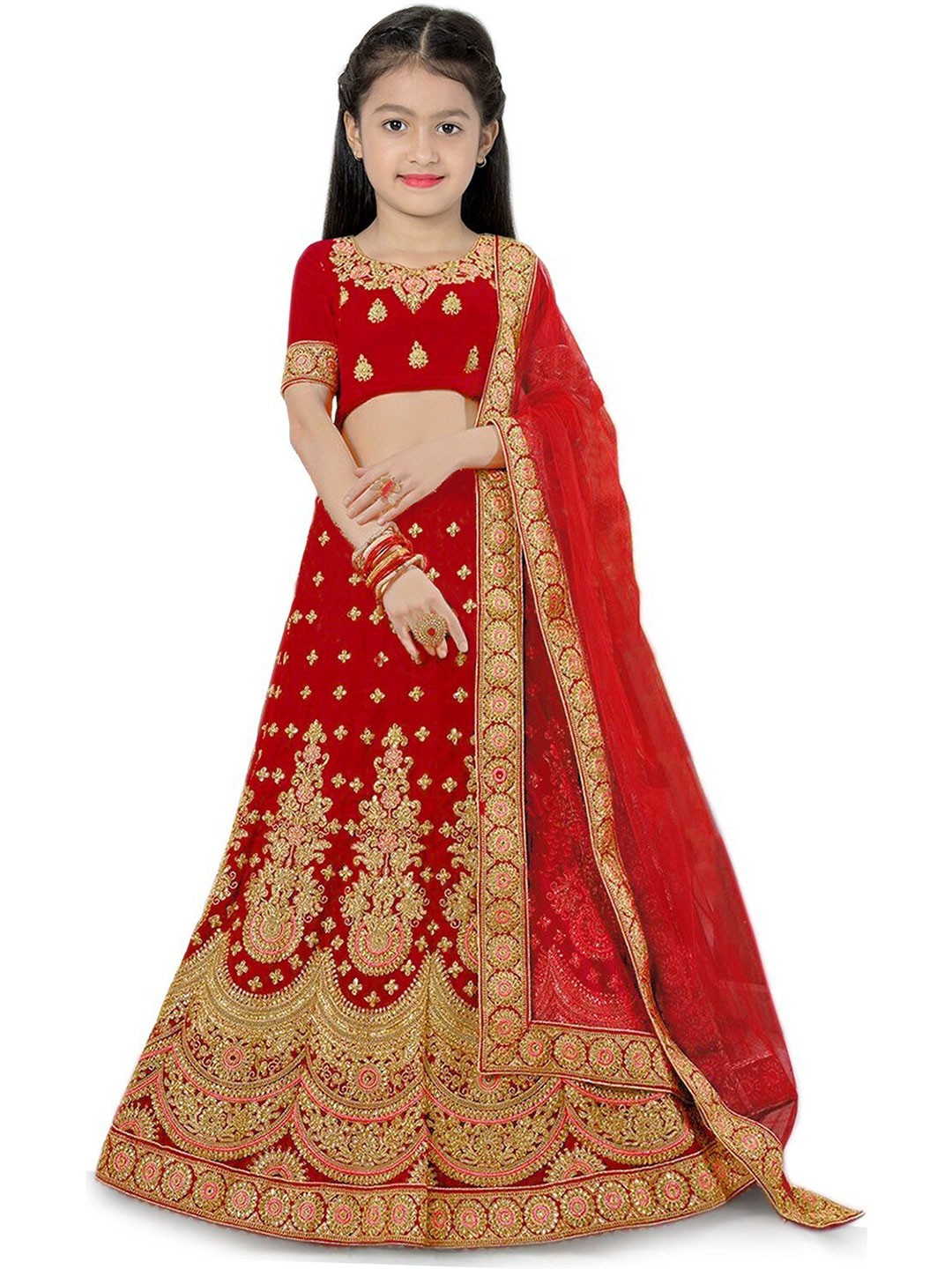 

Kedar Fab Girls Embroidered Thread Work Silk Semi-Stitched Lehenga Choli With Dupatta, Red