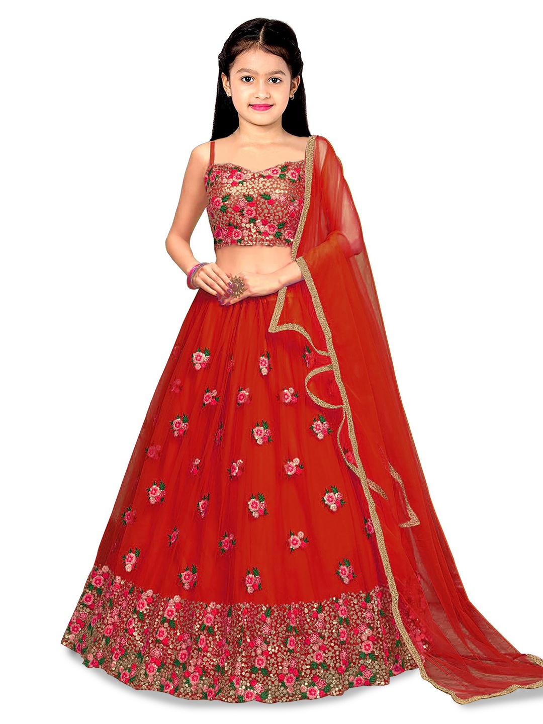 

Kedar Fab Girls Embroidered Semi-Stitched Lehenga & Unstitched Blouse With Dupatta, Red