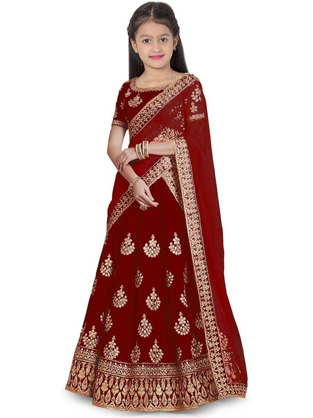 

Kedar Fab Girls Embroidered Semi-Stitched Lehenga & Unstitched Blouse With Dupatta, Maroon