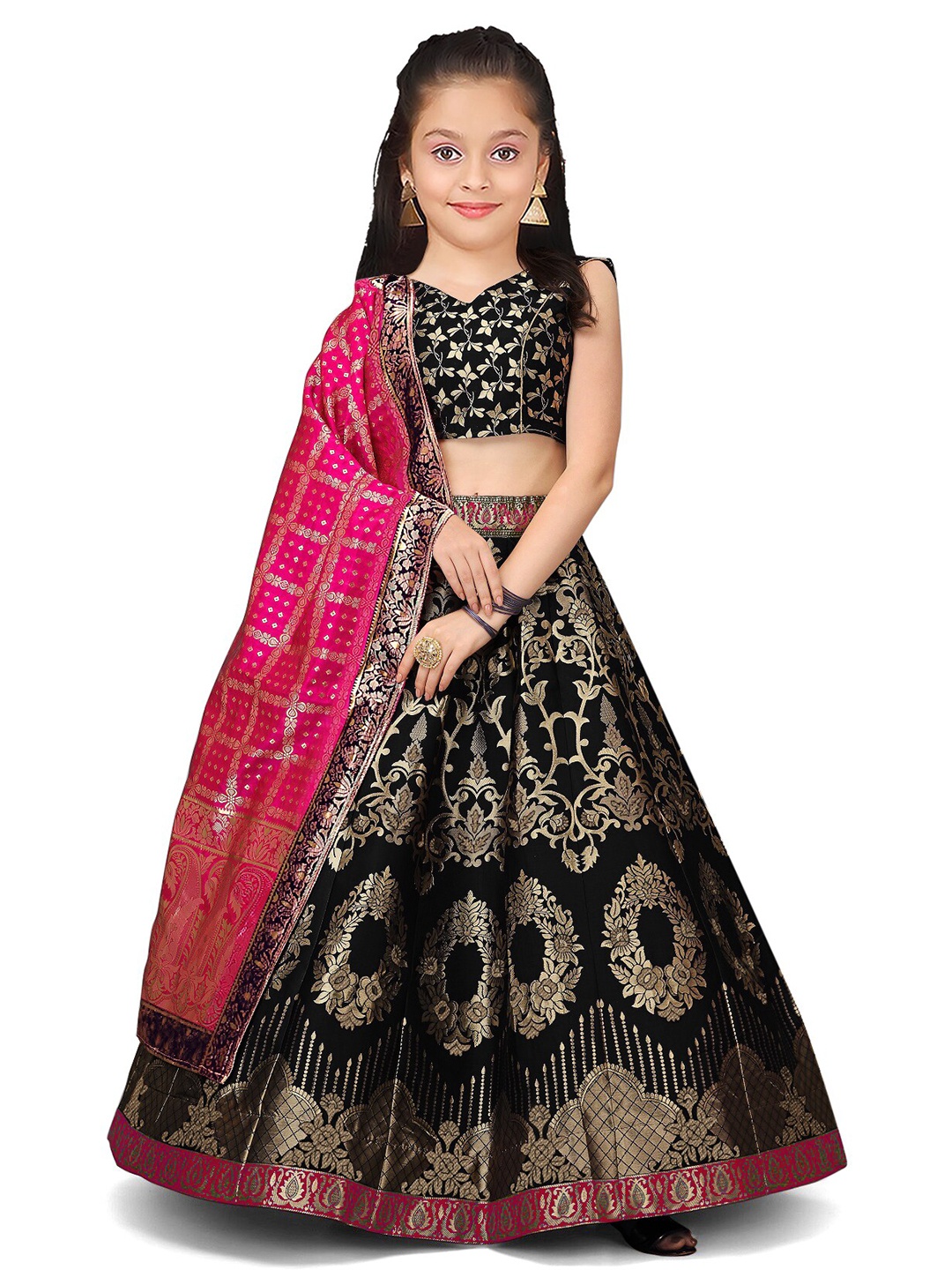 

Kedar Fab Girls Jacquard Semi-Stitched Lehenga & Unstitched Blouse With Dupatta, Black