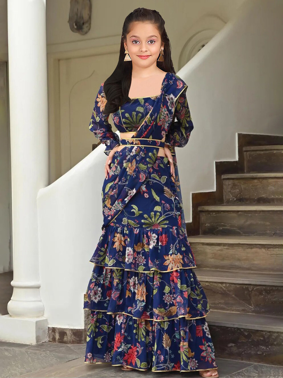 

Kedar Fab Girls Printed Semi-Stitched Lehenga & Unstitched Blouse With Dupatta, Blue