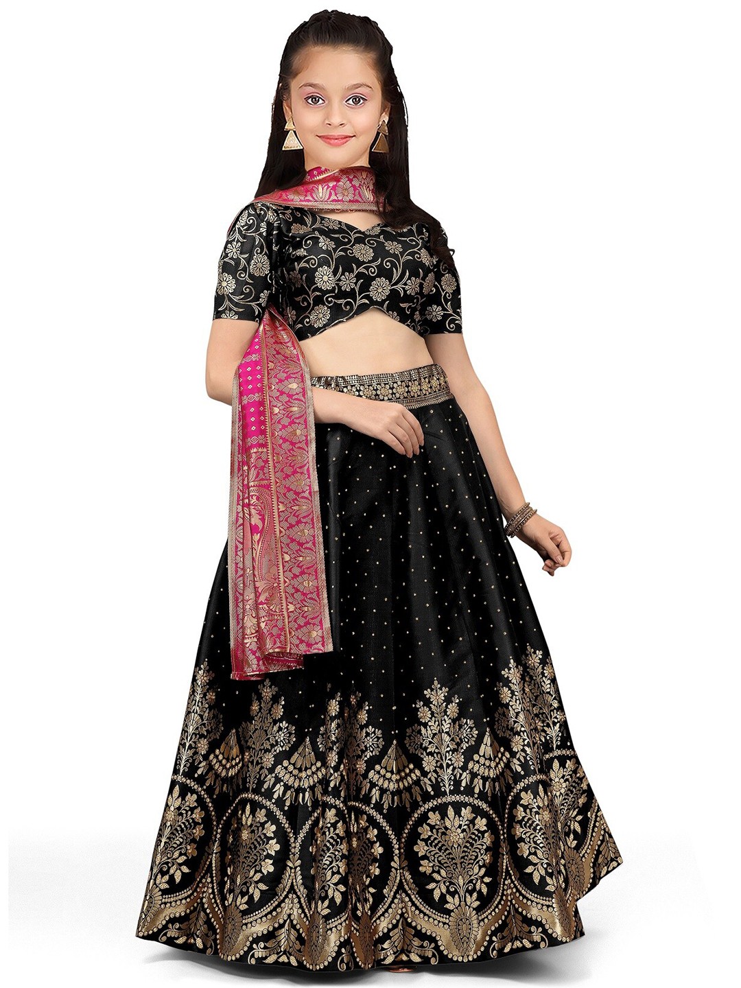 

Kedar Fab Girls Semi-Stitched Lehenga & Unstitched Blouse With Dupatta, Black