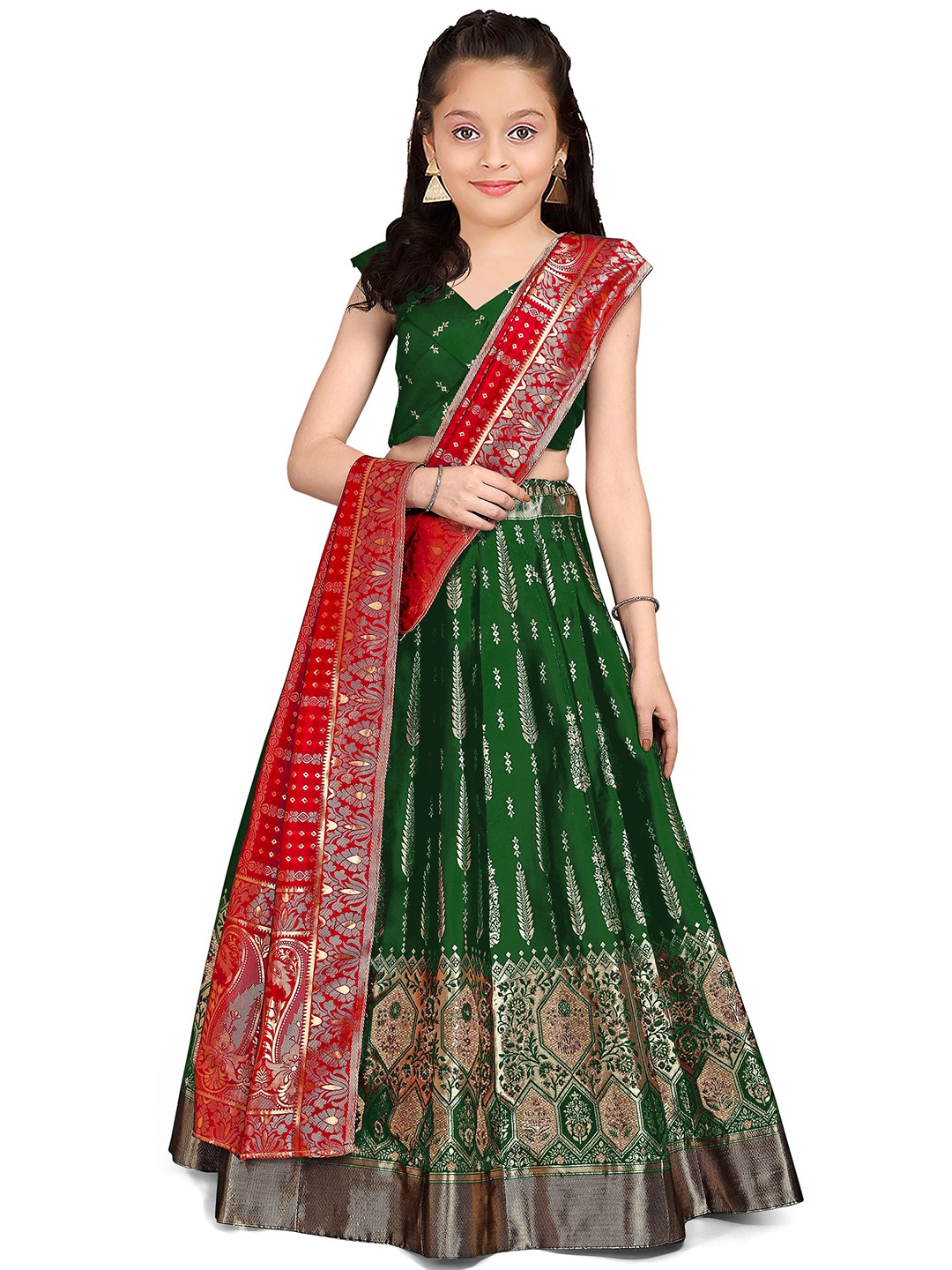 

Kedar Fab Girls Woven Design Semi-Stitched Lehenga & Unstitched Blouse With Dupatta, Green