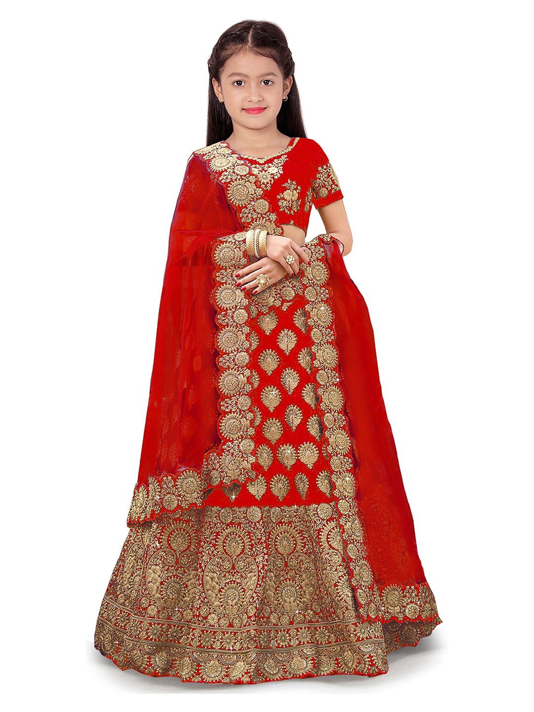 

Kedar Fab Girls Embroidered Semi-Stitched Lehenga & Unstitched Blouse With Dupatta, Red