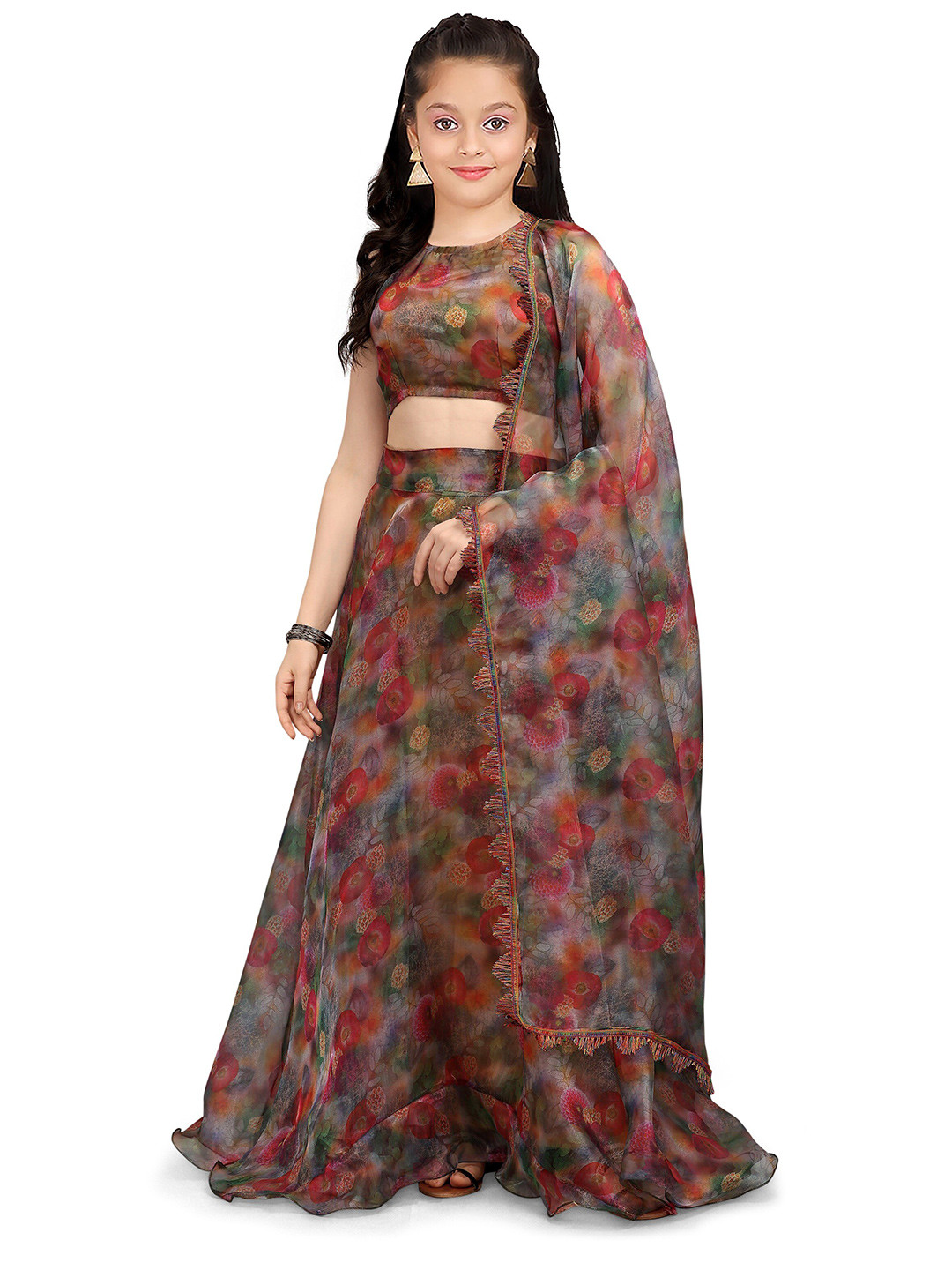 

Kedar Fab Girls Printed Semi-Stitched Lehenga & Unstitched Blouse With Dupatta, Brown