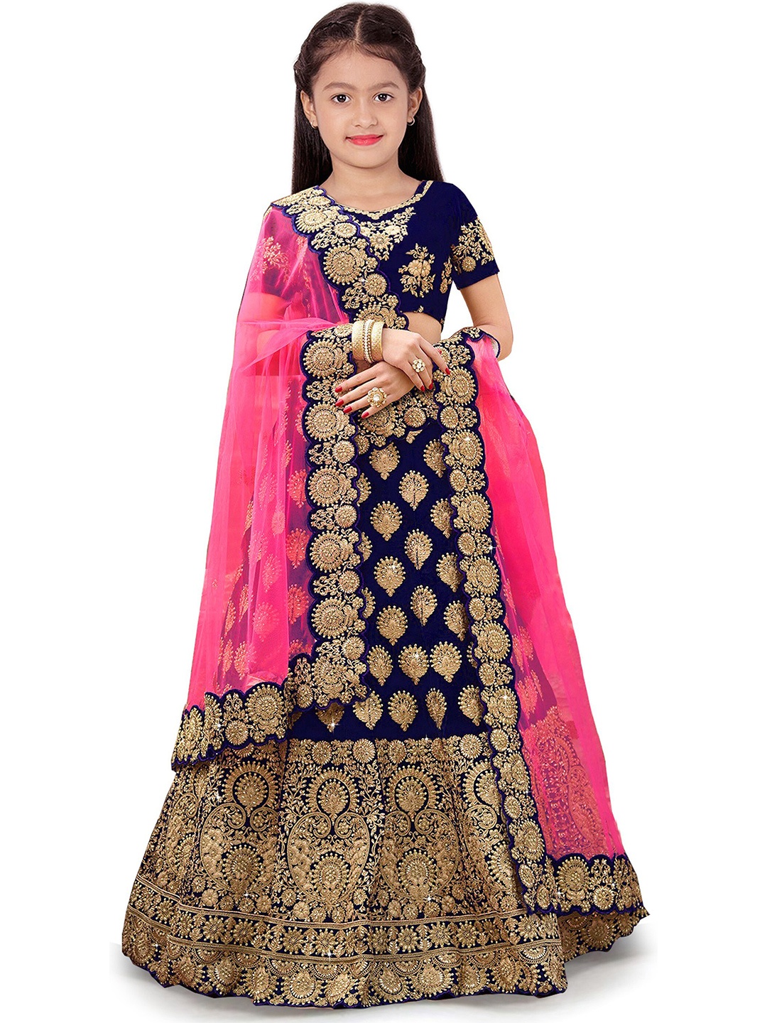 

Kedar Fab Girls Embroidered Semi-Stitched Lehenga & Unstitched Blouse With Dupatta, Navy blue