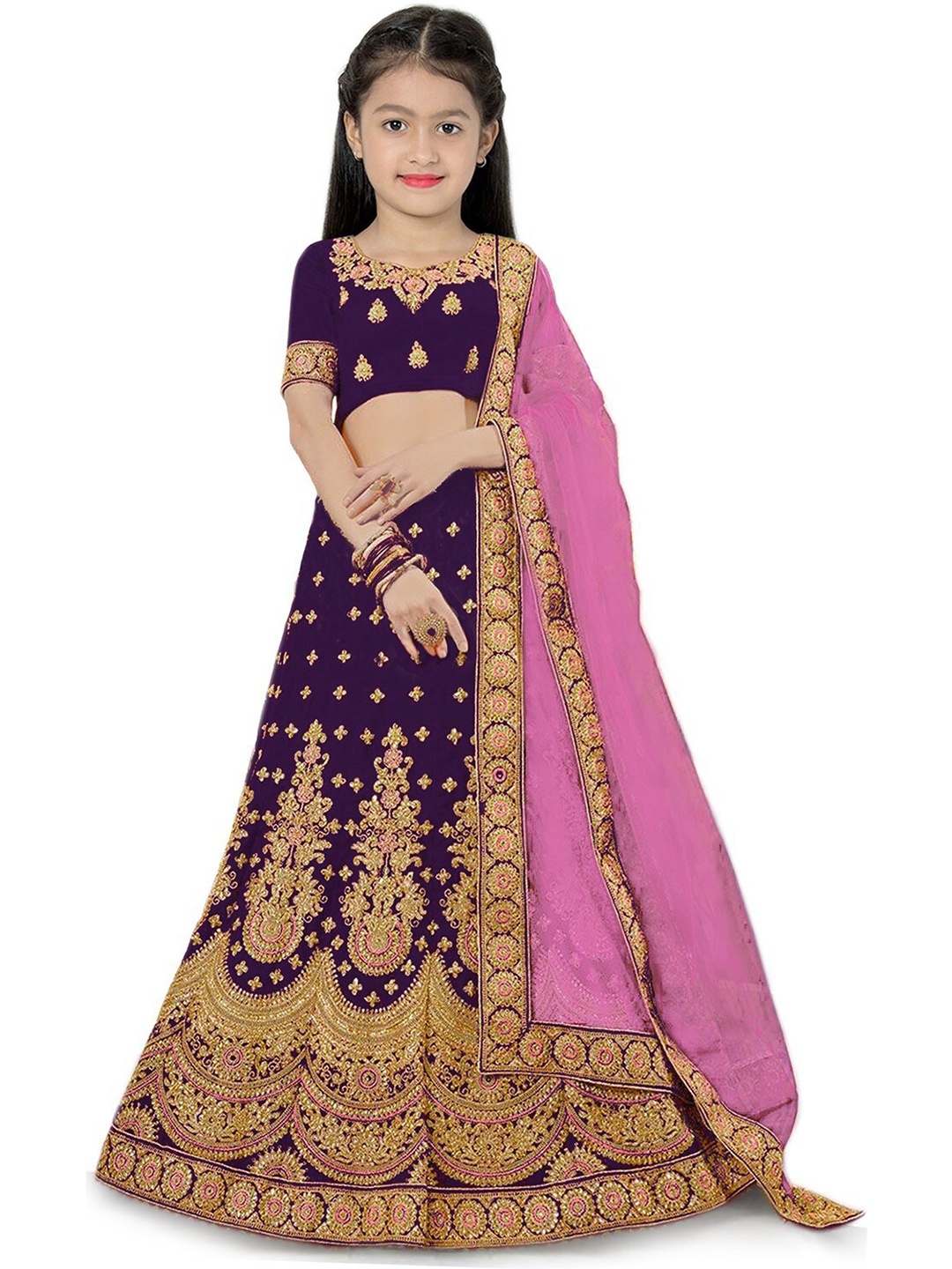 

Kedar Fab Girls Embroidered Semi-Stitched Lehenga & Unstitched Blouse With Dupatta, Purple