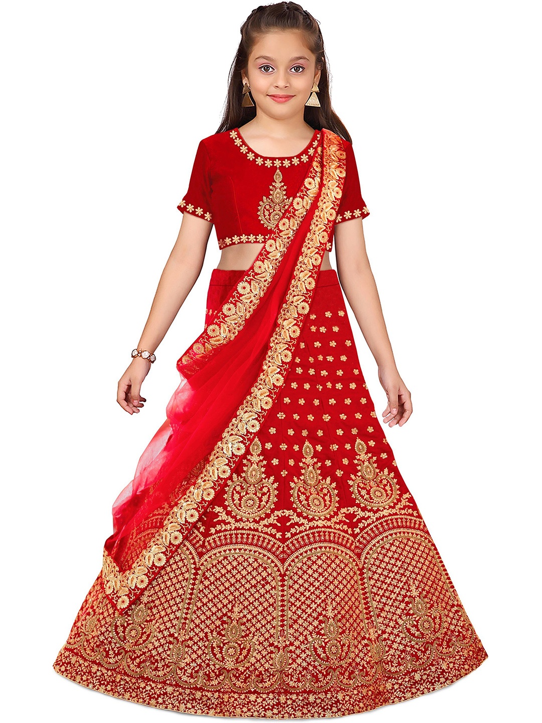 

Kedar Fab Girls Embroidered Semi-Stitched Lehenga & Unstitched Blouse With Dupatta, Red