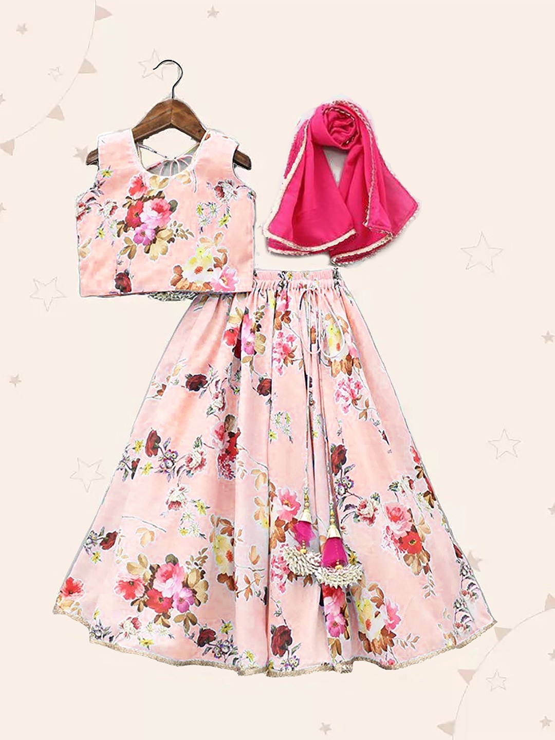 

Kedar Fab Girls Printed Semi-Stitched Lehenga & Unstitched Blouse With Dupatta, Pink