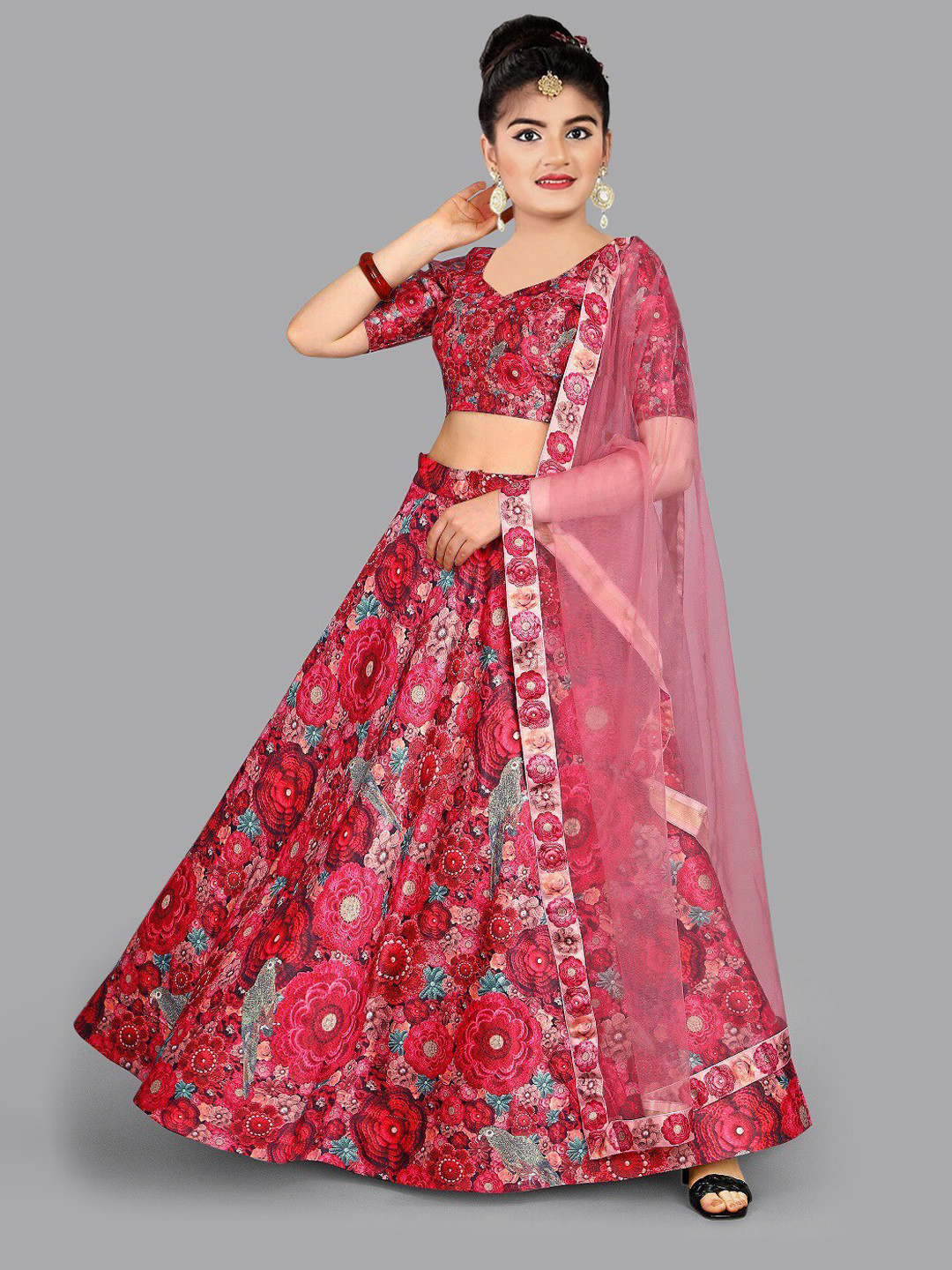 

Kedar Fab Girls Thread Work Semi-Stitched Lehenga & Unstitched Blouse With Dupatta, Red