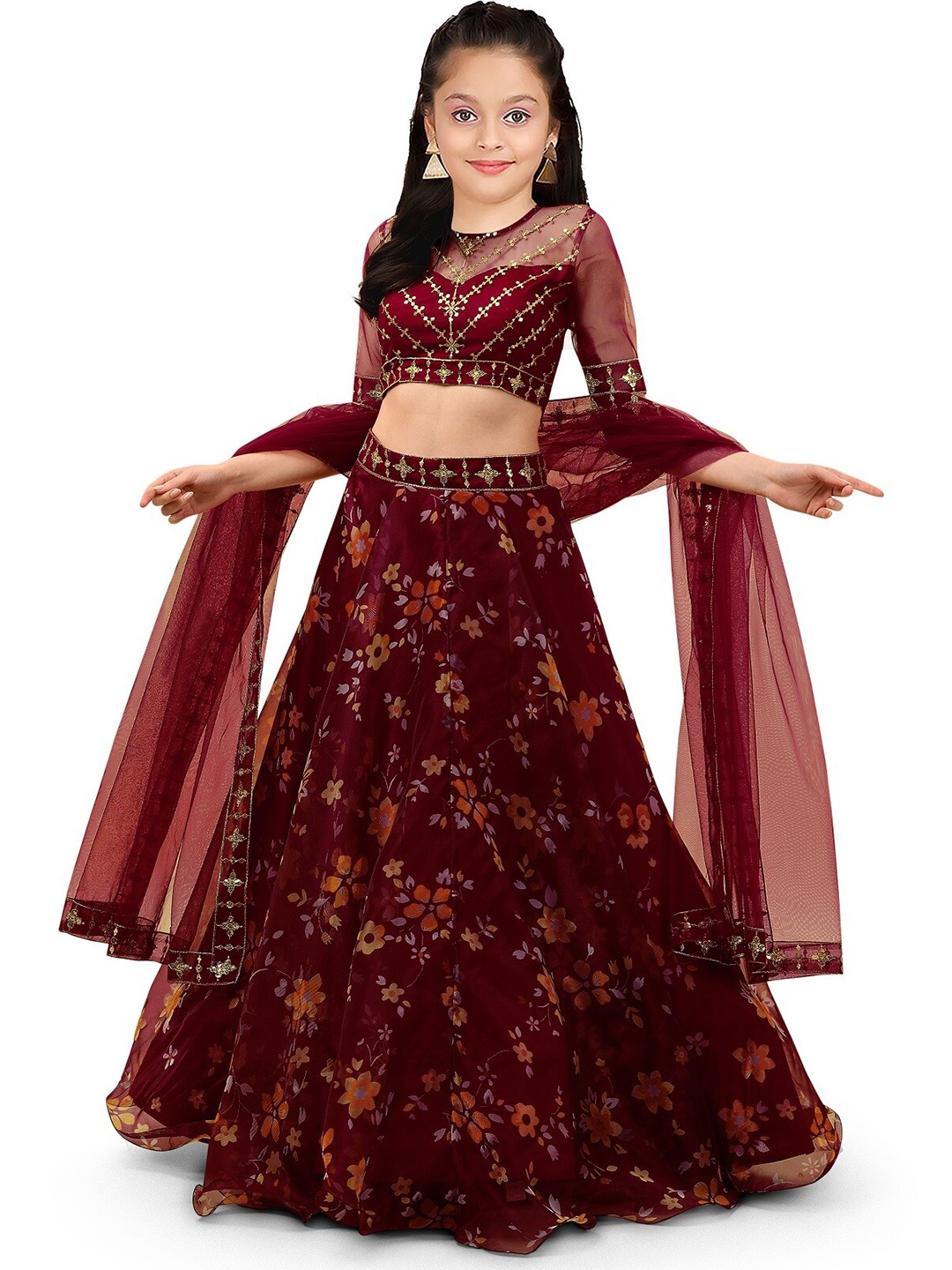 

Kedar Fab Girls Embroidered Semi-Stitched Lehenga & Unstitched Blouse With Dupatta, Maroon