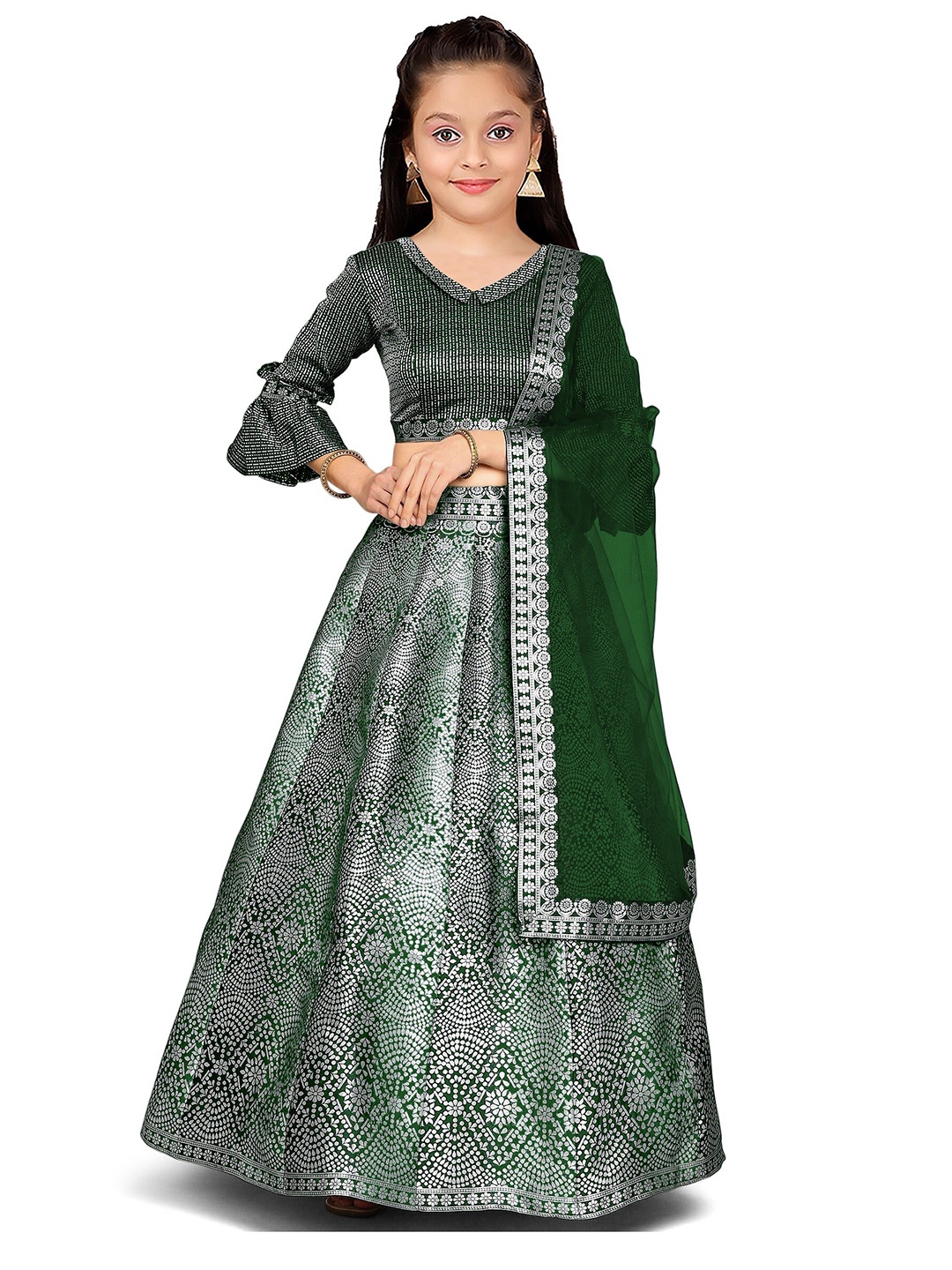 

Kedar Fab Girls Semi-Stitched Lehenga & Unstitched Silk Blouse With Dupatta, Green