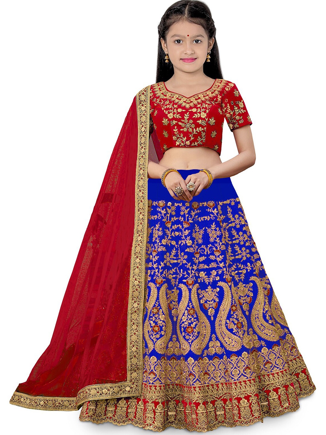 

Kedar Fab Girls Embroidered Semi-Stitched Lehenga & Unstitched Silk Blouse With Dupatta, Blue