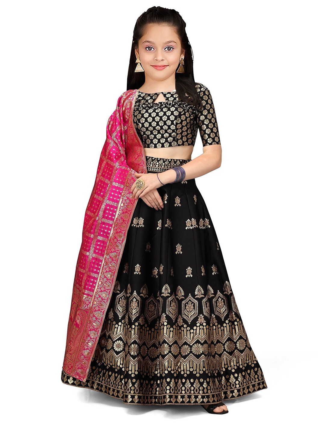 

Kedar Fab Girls Semi-Stitched Lehenga & Unstitched Blouse With Dupatta, Black