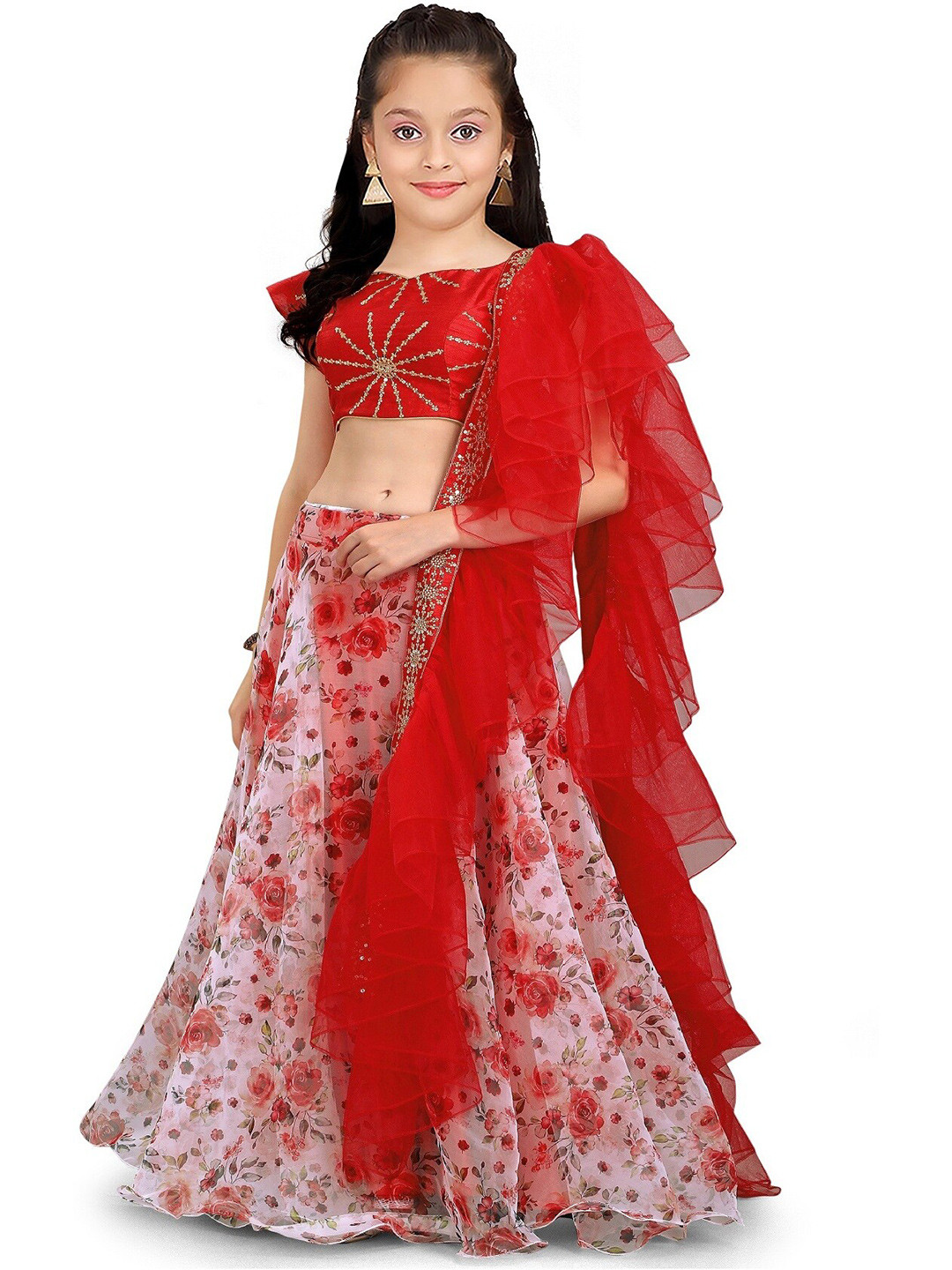 

Kedar Fab Girls Embroidered Thread Work Semi-Stitched Silk Lehenga Choli With Dupatta, Red