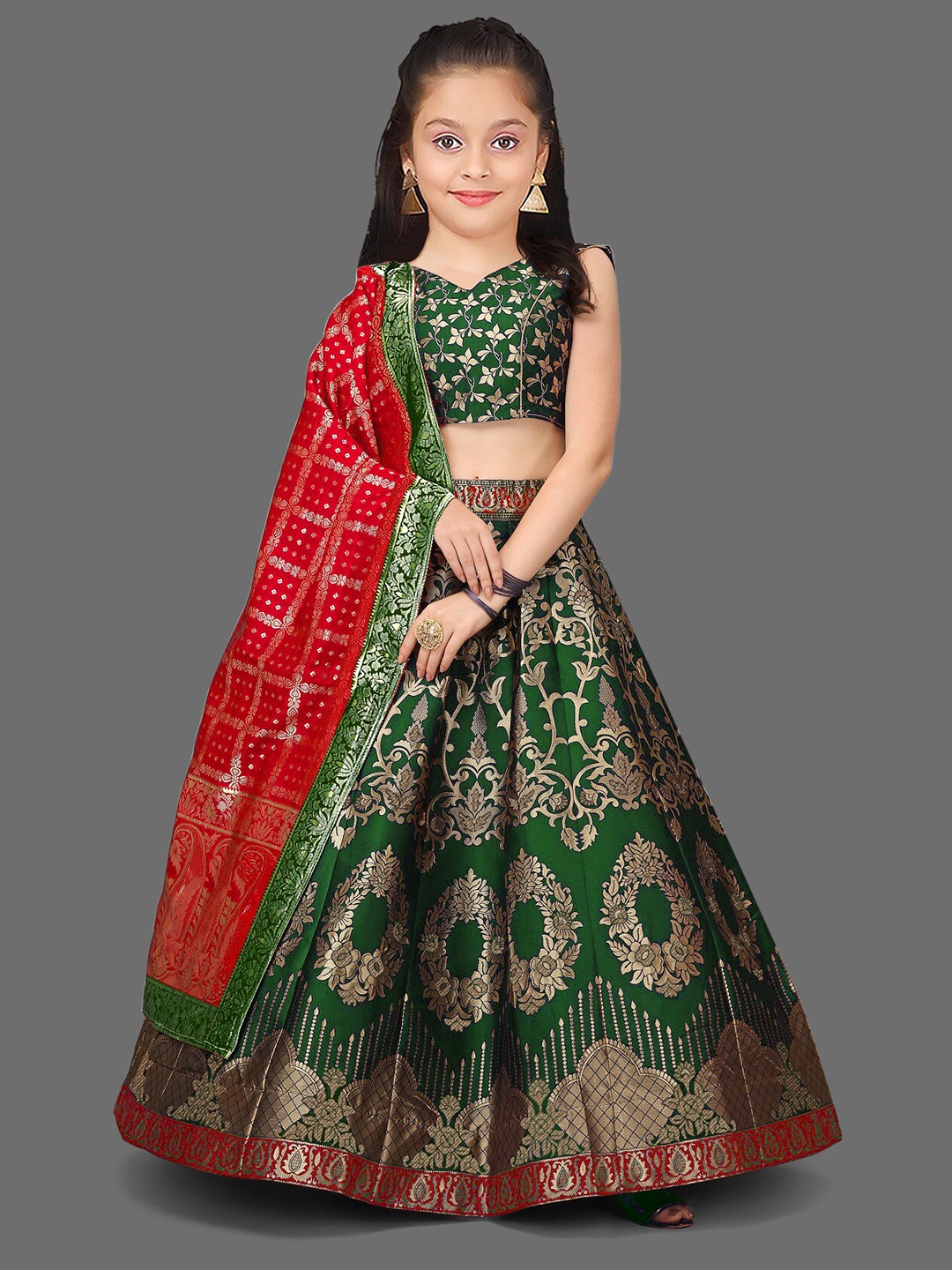 

Kedar Fab Girls Woven Design Semi-Stitched Silk Lehenga Choli With Dupatta, Green