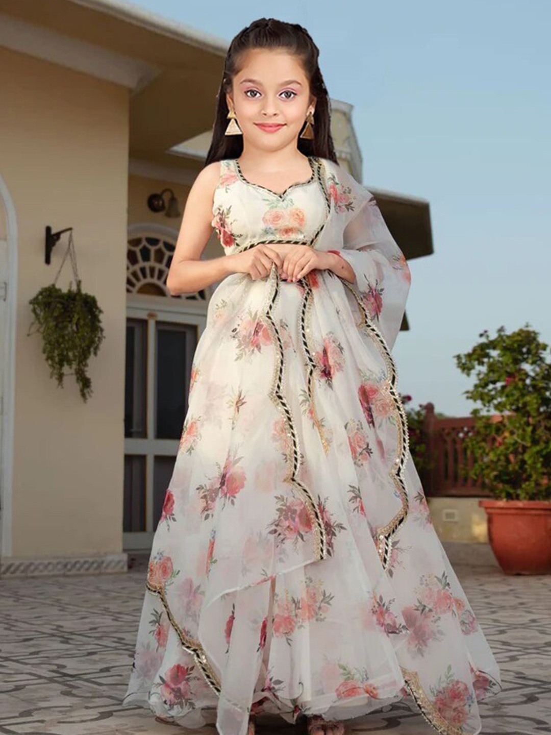 

Kedar Fab Girls Floral Printed Net Semi-Stitched Lehenga Choli With Dupatta, White