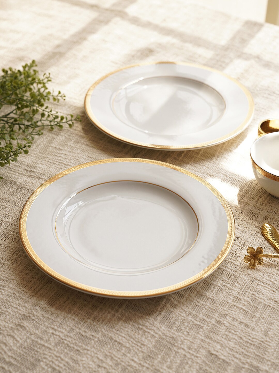 

Pure Home and Living White & Gold Toned 2 Pieces Printed Porcelain Glossy Plates