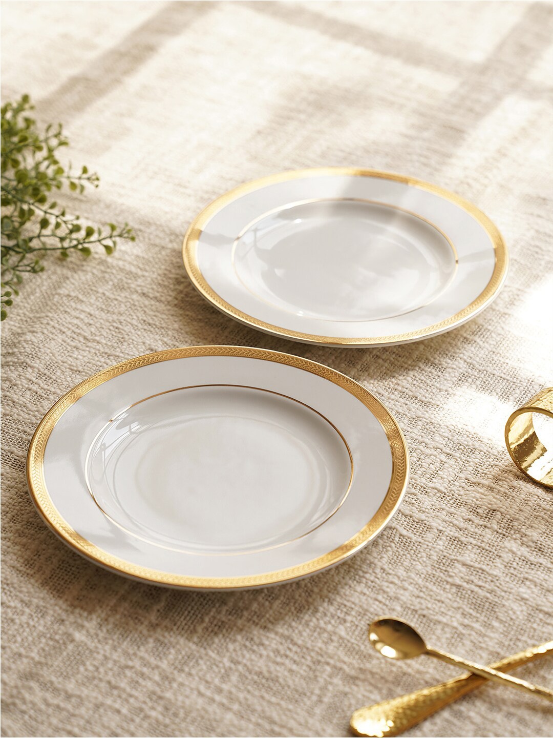 

Pure Home and Living White & Gold Toned 2 Pieces Printed Porcelain Glossy Plates