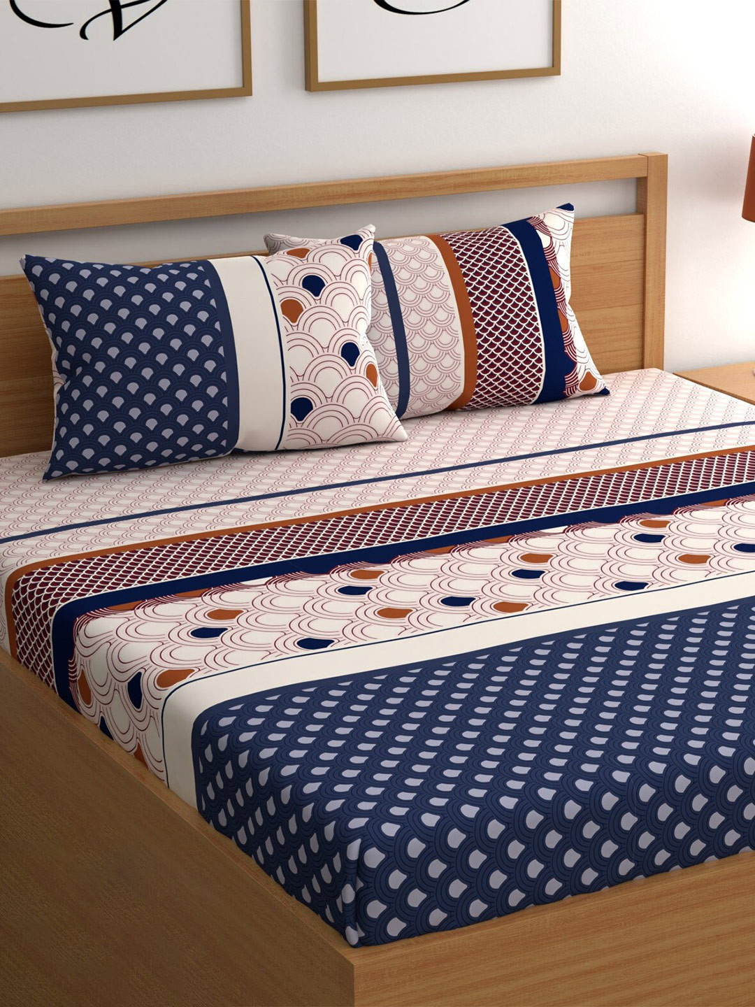 

CG HOMES Beige & Navy Blue Printed Fitted 210 TC Queen Bedsheet With 2 Pillow Covers