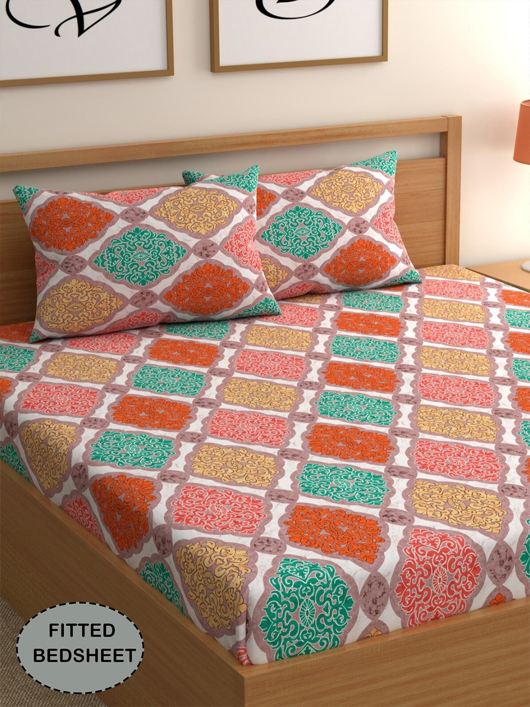 

CG HOMES White & Orange Ethnic Motifs 210 TC Fitted Queen Bedsheet With 2 Pillow Covers
