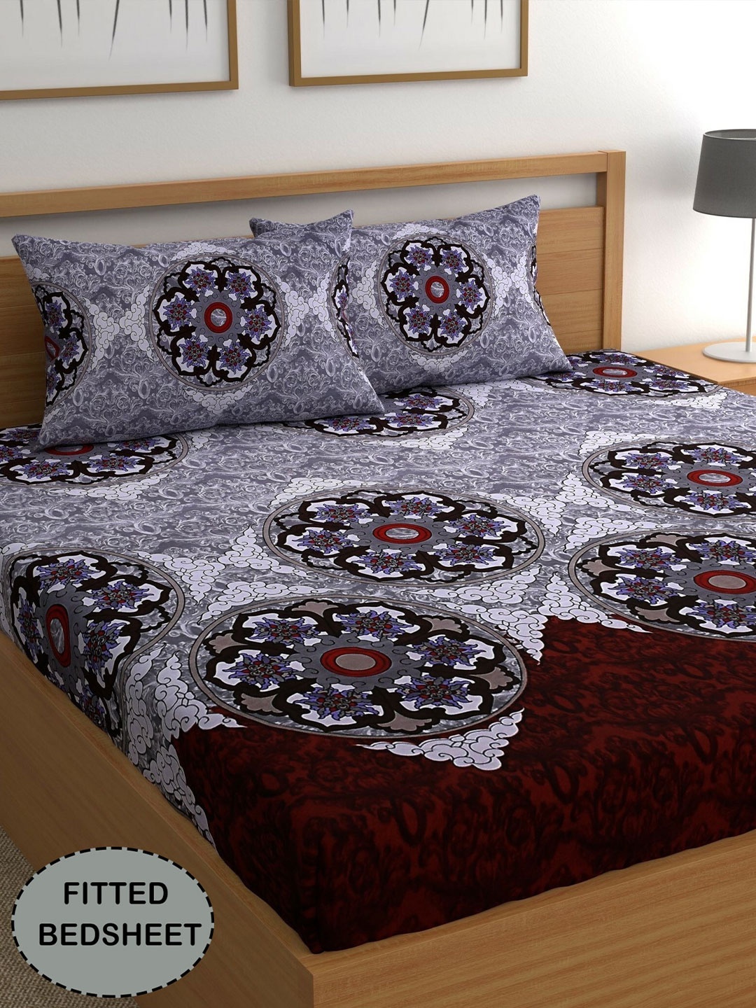 

CG HOMES Grey & White Ethnic Motifs Printed 210 TC Fitted Queen Bedsheet & 2 Pillow Covers