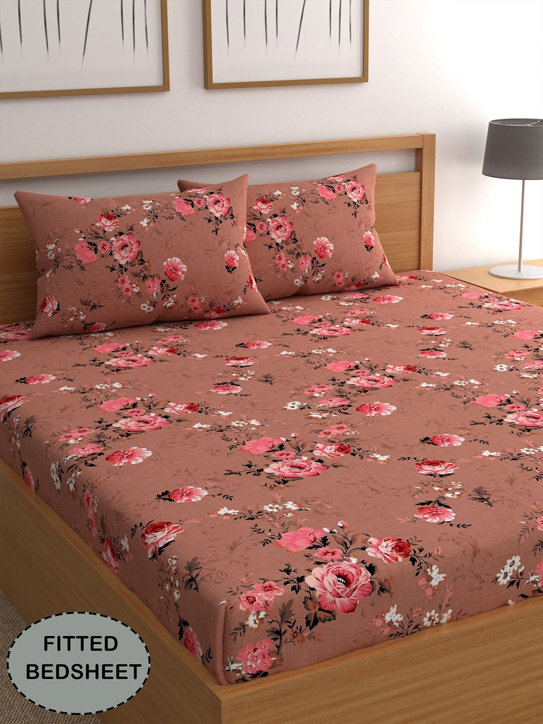 

CG HOMES Brown & Red Floral Fitted 210 TC Queen Bedsheet With 2 Pillow Covers