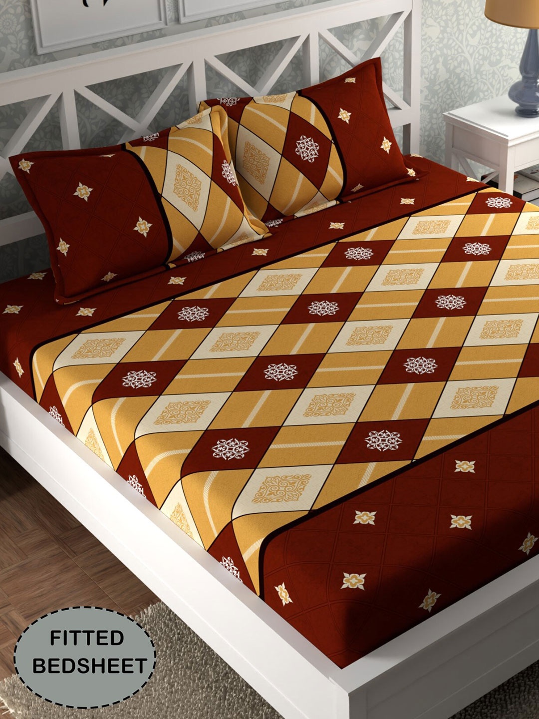

CG HOMES Yellow & Red Ethnic Motifs Printed 210 TC Fitted Queen Bedsheet & 2 Pillow Covers