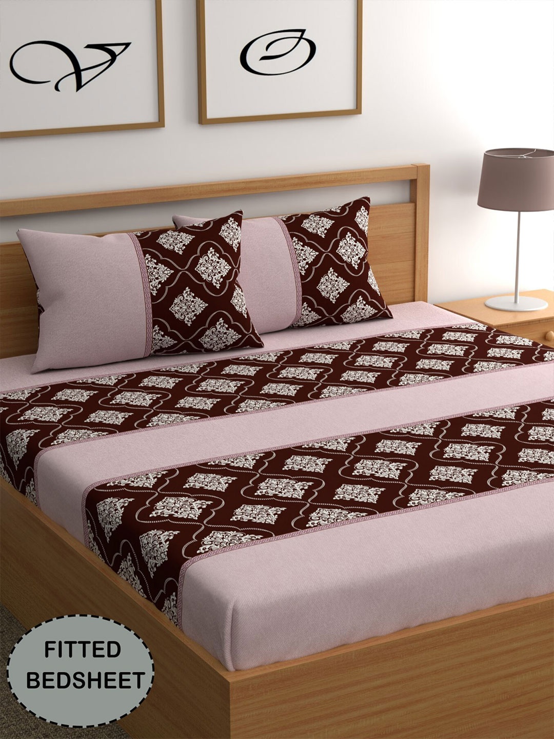 

CG HOMES Pink & Maroon Ethnic Motifs 210 TC Fitted Queen Bedsheet With 2 Pillow Covers