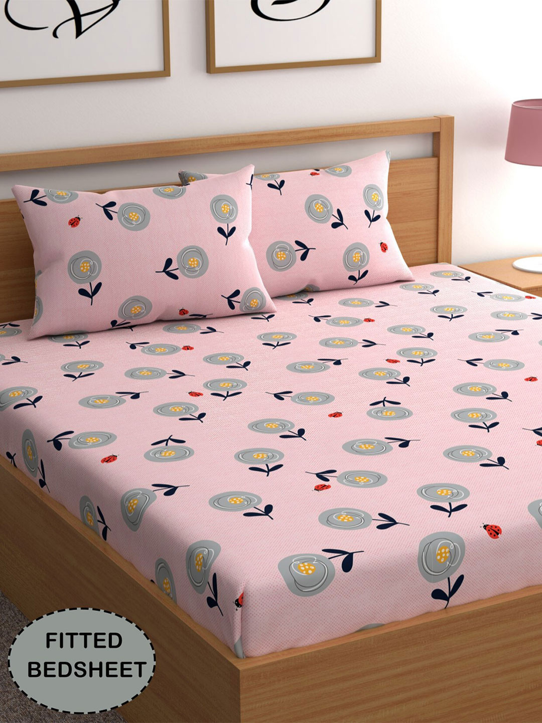 

CG HOMES Pink & Grey Floral 210 TC Fitted Queen Bedsheet With 2 Pillow Covers