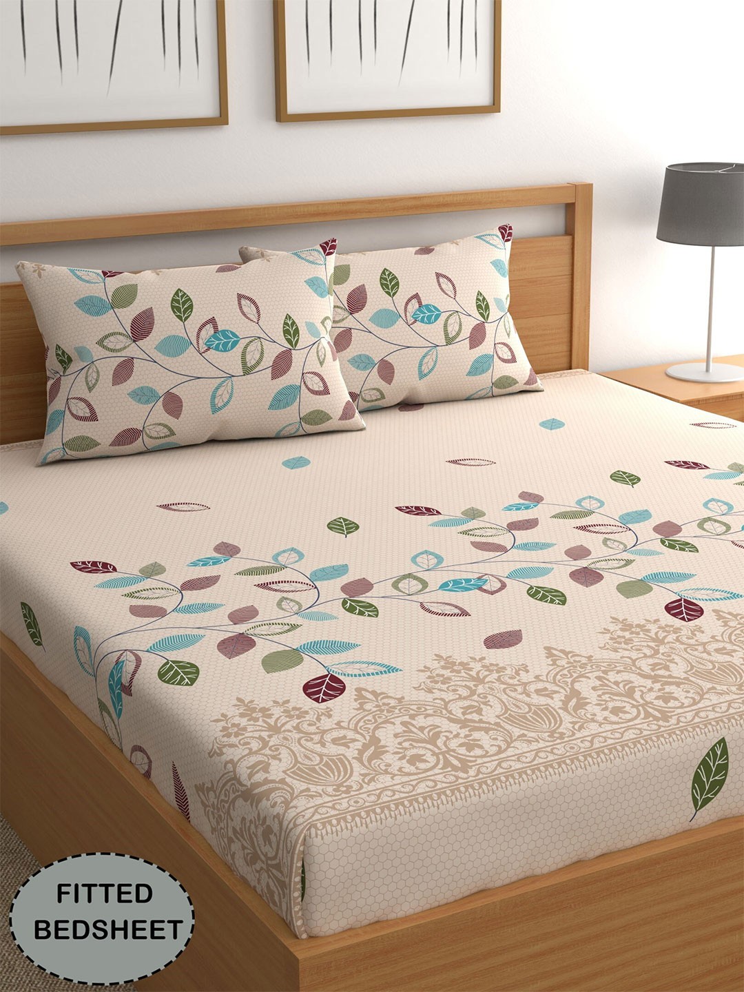 

CG HOMES Beige & Blue Floral Fitted 210 TC Queen Bedsheet With 2 Pillow Covers