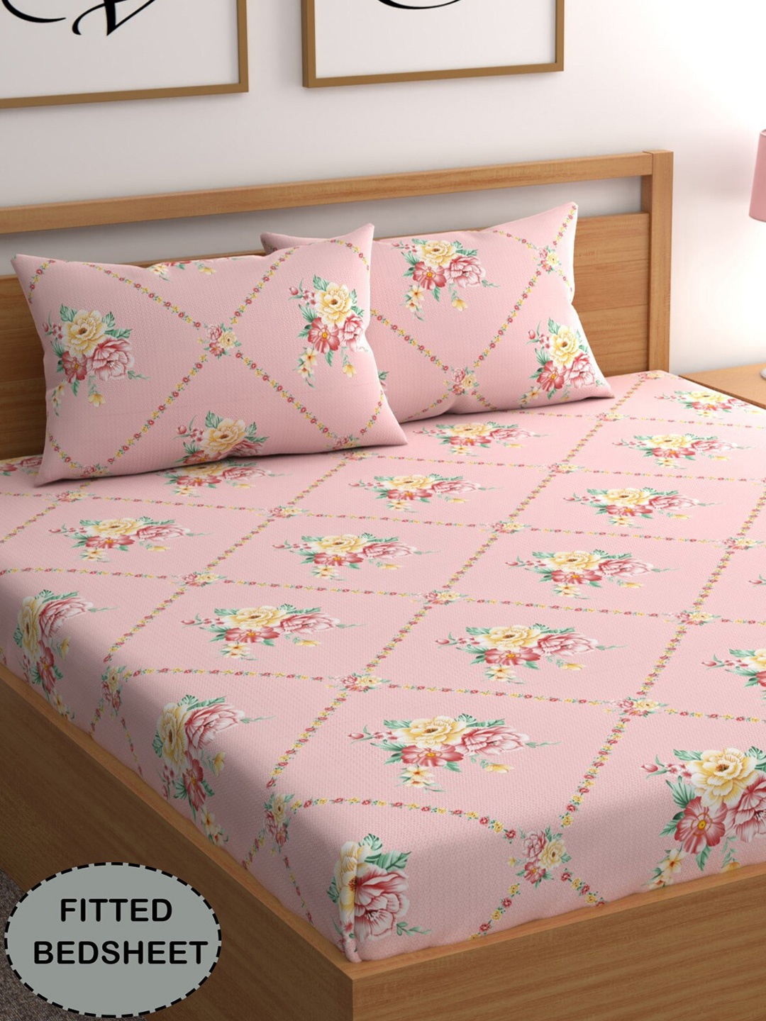 

CG HOMES Pink & Green Floral 210 TC Fitted Queen Bedsheet With 2 Pillow Covers